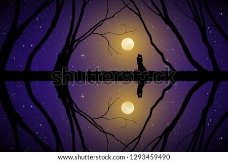 Lovers among trees on moonlit night. Vector illustration with silhouette of loving couple. Full moon in starry sky