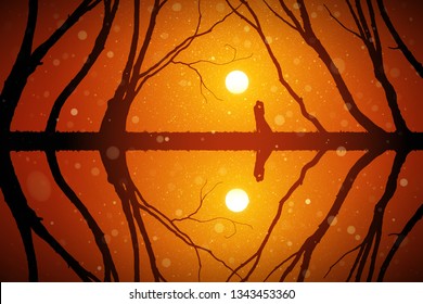 Lovers among trees at red sunset. Vector conceptual illustration with silhouette of loving couple. Summer bright landscape with setting sun and flying fluff
