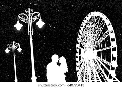 Lovers in amusement park at night. Vector illustration with silhouette of loving couple under starry sky. Vintage lampposts and Ferris wheel. Black and White
