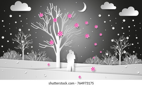 Lovers in the background of the winter landscape under a flowering tree. Flying flowers and snow. Paper texture New Year, Christmas, Valentine's Day illustration - vector decor.