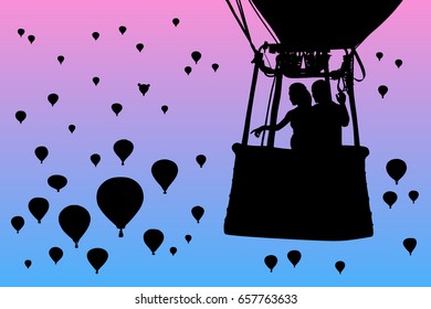 Lovers in balloon at dawn. Vector illustration with silhouette of loving couple under morning sky. Landscape with flying aerostats. Bright gradient background