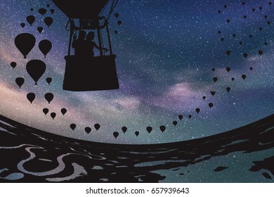 Lovers in balloon at night. Vector illustration with silhouette of loving couple under starry sky. Landscape with hot air balloons flying over rivers and lakes