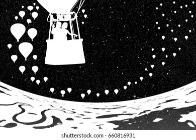 Lovers in balloon at night. Vector illustration with silhouette of loving couple under starry sky. Landscape with hot air balloons flying over rivers and lakes. Inverted black and white