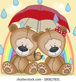 Lovers Bears under red umbrella