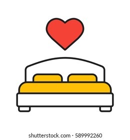 Lovers bed color icon. Double bed with heart shape above. Isolated vector illustration