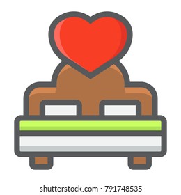 Lovers bed with heart filled outline icon, valentines day and romantic, sex sign vector graphics, a colorful line pattern on a white background, eps 10.