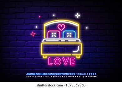 Lovers bed neon light icon. Double bed with heart shape above. Glowing sign with alphabet, numbers. The image of the bed with the heart. Icon with the effect of neon glow. symbol of Valentine s Day