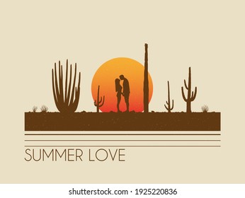 Lovers between cactuses. Kissing couple silhouette. Romantic date