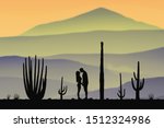 Lovers between cactuses in park at morning. Vector illustration with silhouette of loving couple. Landscape with cacti. Background with mountain foggy landscape