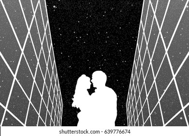 Lovers between glass buildings at night. Vector illustration with silhouette of loving couple under starry sky. Black and White