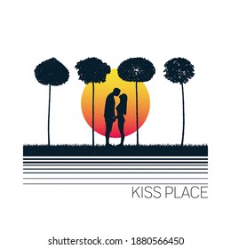 Lovers between trees. Loving couple silhouette. White retro background