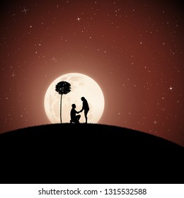 Lovers between trees on moonlit night. Vector illustration with silhouette of loving couple in park. Northern lights in starry sky. Full moon in starry sky
