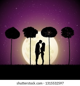 Lovers between trees on moonlit night. Vector illustration with silhouette of loving couple in park. Landscape with maples. Full moon in starry sky