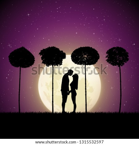 Lovers between trees on moonlit night. Vector illustration with silhouette of loving couple in park. Landscape with maples. Full moon in starry sky