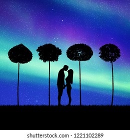 Lovers between trees in park at night. Vector illustration with silhouette of loving couple. Landscape with maples. Northern lights in starry sky. Colorful aurora borealis