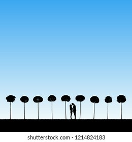Lovers between trees in park. Vector illustration with silhouette of loving couple. Landscape with maples. Blue pastel background