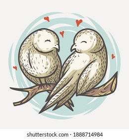 Lovers bird on branch for the Valentines Day love cards. Colored vector illustration