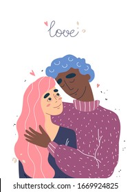 Lovers black african american man and woman hug. Happy multiracial family concept. Couple in a relationship in love. Banner with place for text in modern style