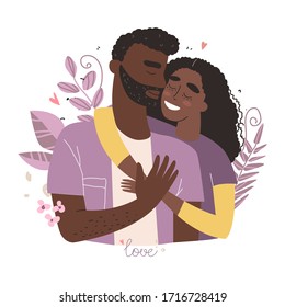 Lovers Black African American Man And Woman Hug. Happy Multiracial Family Concept. Couple In A Relationship In Love. Banner With Place For Text In Modern Style