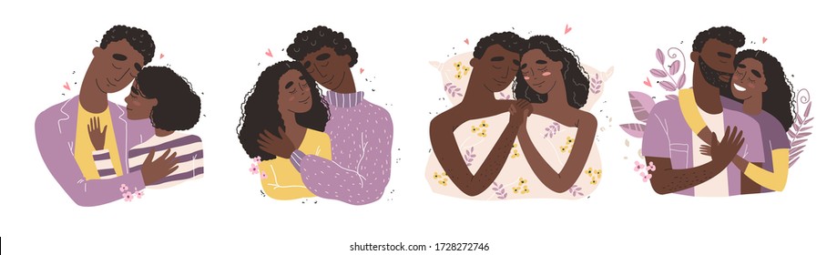 Lovers black african american man and woman hug. Happy family concept. Couple in a relationship in love.