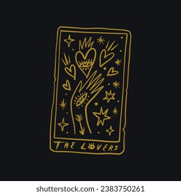 The Lovers black and gold Tarot logo or label, magic cards reader, hand-drawn sketch brush simple minimal print for magical esoteric souvenirs. Witchy female hand drawn magic love fortune spell