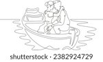 Lovers in a boat. The couple hugs and kisses. Romantic boat ride. One continuous line drawing. Linear. Hand drawn, white background.