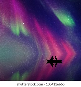 Lovers in boat at night. Vector illustration with silhouette of loving couple. Northern lights in starry sky