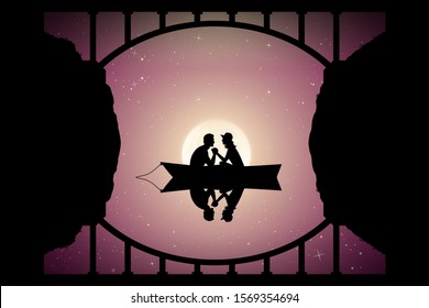 Lovers in boat under bridge on moonlit night. Vector illustration with silhouette of loving couple reflected in water. Full moon in starry sky