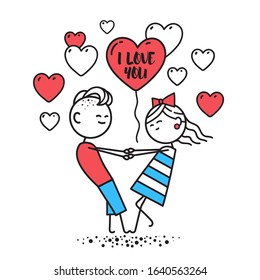 Lovers boy and girl hold hands and spin. Happy guy and girl are dancing. Valentines Day illustration. Valentines Day card. Couple in love. Simple characters