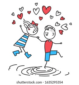 Lovers boy and girl jump through puddles. Valentines Day illustration. Valentines Day card. Couple in love. Simple characters