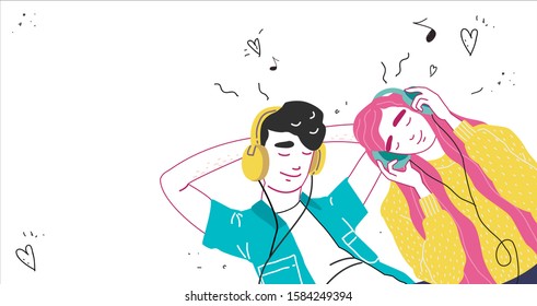 Lovers boy and girl listen to music on headphones. Couple in a relationship in love. Banner with place for text in modern style