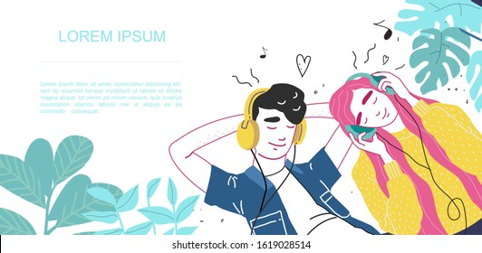 Lovers boy and girl listen to music on headphones. Couple in a relationship in love. Banner with place for text in modern style