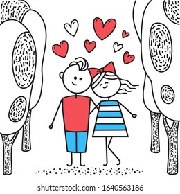 Lovers boy and girl walk in park. Guy and girl hug each other. Date in park. Illusration for Valentines Day. Couple in love. Simple characters