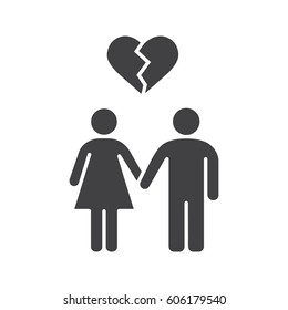 Lovers breakup glyph icon. Divorced couple silhouette symbol. Man and woman with broken heart shape above. Negative space. Vector isolated illustration