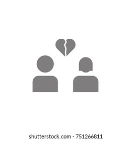 Lovers breakup glyph icon. Divorced couple silhouette symbol. Man and woman with broken heart shape above. Negative space. Vector isolated illustration on white background