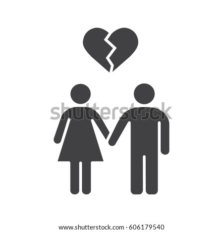 Lovers breakup glyph icon. Divorced couple silhouette symbol. Man and woman with broken heart shape above. Negative space. Vector isolated illustration