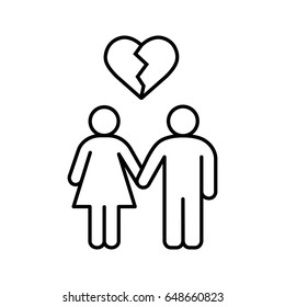 Lovers breakup linear icon. Divorced couple thin line illustration. Man and woman with broken heart shape above. Contour symbol. Vector isolated outline drawing