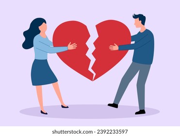 Lovers broken heart. Young man and woman pulled apart each red heart piece. Loving couple in disagreement at end of relationship.