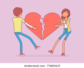 Lovers broken heart. Young man, woman pulled apart causing each other feel great sorrow, couple in disagreement at end of friendly relations after angry dispute. Vector line art illustration