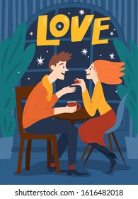 Lovers in a cafe vector romantic valentines day card  with man and woman in love in night cafe drink coffee. Minimal flat style in color. 