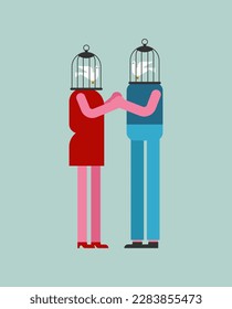 Lovers cage with dove instead of head. Concept bonded love