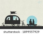 Lovers and camper trailer. Couple on campsite. Family vacation