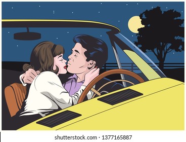 Lovers in Car Comic Book Style Illustration 