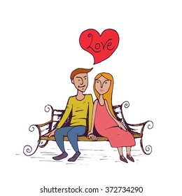 Lovers card. Cute boy and girl, couple on the bench.  Valentine`s day background. Hand drawn illustration in cartoon doodle style