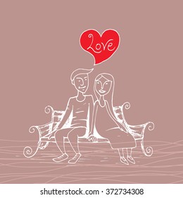 Lovers card. Cute boy and girl, couple on the bench.  Valentine`s day background. Hand drawn illustration in cartoon doodle style