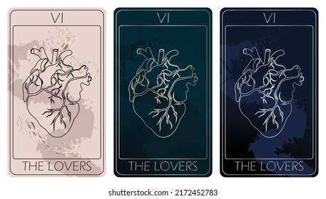 The Lovers. A card of Major arcana one line drawing tarot cards. Tarot deck. Vector linear hand drawn illustration with occult, mystical and esoteric symbols. 3 colors. Proposional to 2,75x4,75 in.