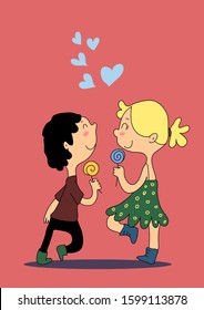 Lovers cartoon blonde girl and brunette boy with lollipops look at each other, vector illustration, postcard