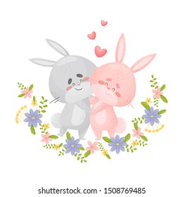 Lovers cartoon hares. Vector illustration on a white background.