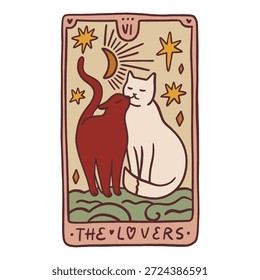 Os amantes gatos animais sexto maior arcana tarot mão desenhado quadro. Eterno felino amor conceito sagrado. Cartaz interior esotérico místico ou impressão de t-shirt e cartão de namorados. EPS de ilustração vetorial