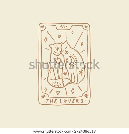 The Lovers cats animals sixth major arcana tarot hand drawn picture logo. Eternal feline love sacred concept. Mystical esoteric interior poster or t-shirt print and Valentine card. Vector illustration